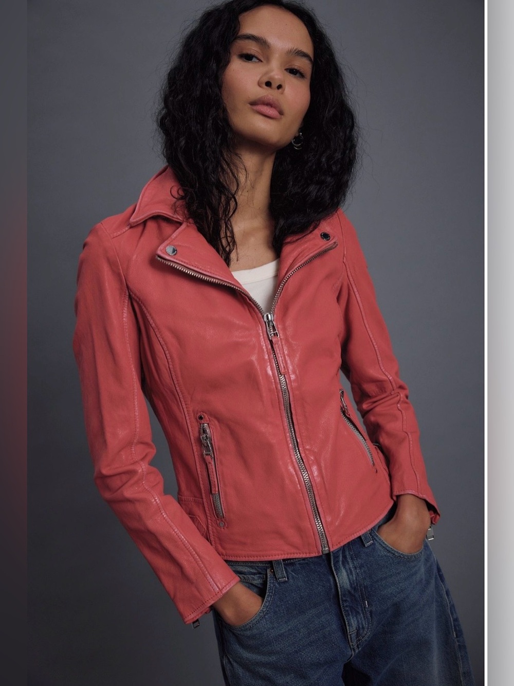 Free People Mauritius Louiza  Coral Leather Moto Jacket
